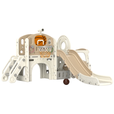 Qaba 9-in-1 Toddler Slide with Bus Front, Hoop & Storage, White