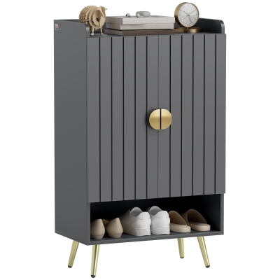 HOMCOM Entryway Shoe Storage Cabinet, Narrow Shoe Cabinet with Adjustable Shelves and Open Shelf for 15 Pairs of Shoes, Grey
