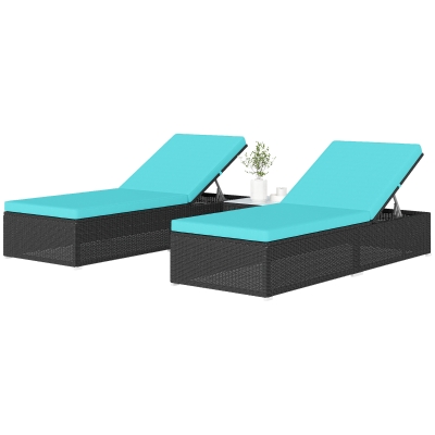 Outsunny 3pc Rattan Lounge Chair Set with Side Table Outdoor Patio Synthetic Rattan Wicker Sun Bed Set with Cushion