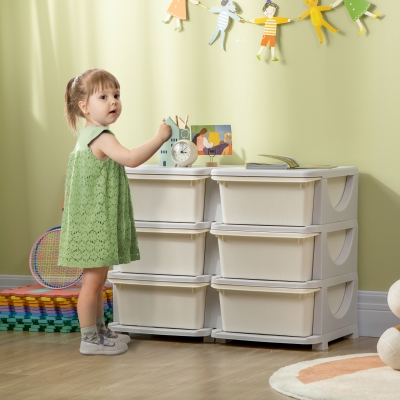 Qaba 3 Tier Kids Toy Organizer and Storage Bins with 6 Plastic Drawers, Cream White