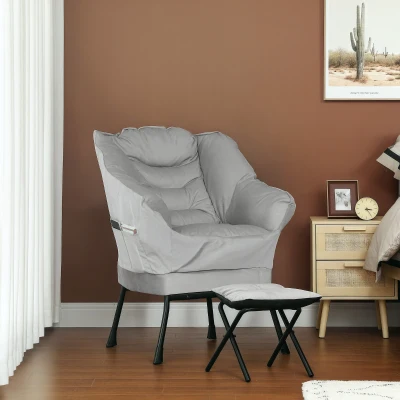HOMCOM Fabric Accent Chair & Ottoman Set with Side Pockets, Light Gray