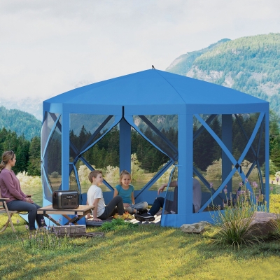 Outsunny 12' x 12' Hexagon Automatic Pop Up Screen Tents, Camping Shelter w/ Mesh Sidewalls and Carry Bag Blue