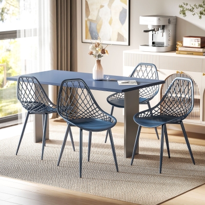 HOMCOM Modern Dining Chairs Set of 4, Plastic Kitchen Chairs with Hollow Backrest and Metal Legs for Living Dining Room, Blue