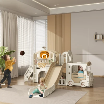 Qaba 9-in-1 Toddler Slide with Bus Front, Hoop & Storage, White