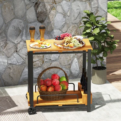 Outsunny Acacia Wood Outdoor Bar Cart with Wheels, Teak
