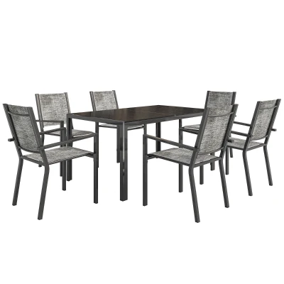 Outsunny 7 Piece Outdoor Dining Set with 6 Stackable Chairs, Rectangle Table, WPC Slatted Top, Rust-Resistant Steel Frame