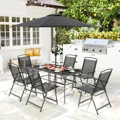 Outsunny 8-Piece Outdoor Dining Set with Umbrella & Folding Chairs, Black