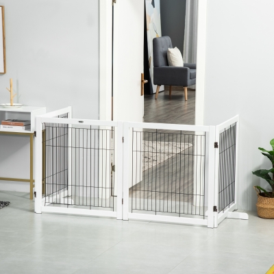 PawHut Wooden Dog Gate for Small & Medium Dogs 4 Panel w/ Support Feet Foldable Pet Fence for House Doorway White