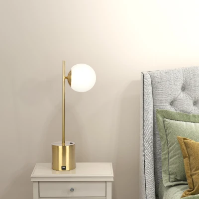 Ethereal Modern Brass Table Lamp with White Glass Globe Shade, Gold+White