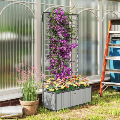 Outsunny Wooden Raised Garden Bed with Trellis, 29" x 11" x 52", Gray