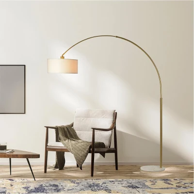Ambient Arch Brass Floor Lamp with Large Linen Shade, Gold+White