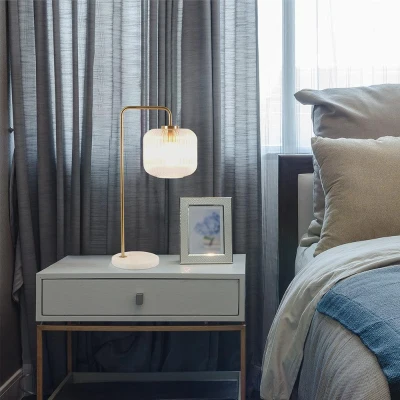 Haven Clear Glass Table Lamp with Gold Brush Metal and Marble Base, Gold+White