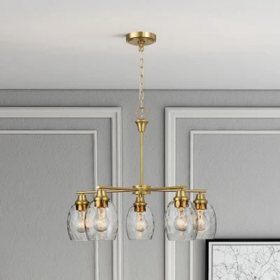 Elegance Five-Light Linear Arm Chandelier with Golden Brass Finish and Clear Water Glass, Clear+Gold
