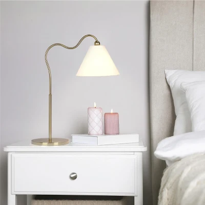 Ornate Brass Ring Base Curved Table Lamp with Triangle White Drum Shade, Gold+White