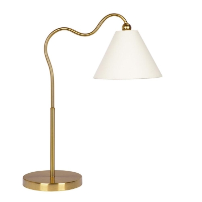Ornate Brass Ring Base Curved Table Lamp with Triangle White Drum Shade, Gold+White