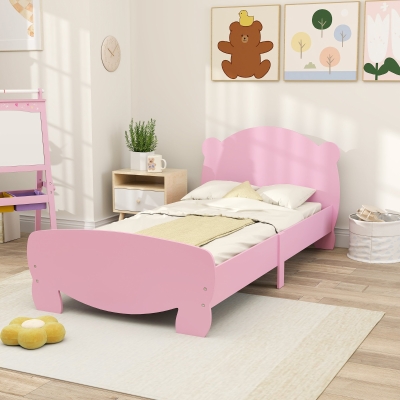 Qaba Twin Bed Frame with Bear Shaped Headboard & Footboard, Slats Support, No Box Spring Needed, for Boys, Girls, Pink