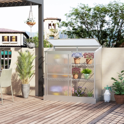 Outsunny Aluminum Cold Frame Greenhouse, Raised Planter Bed Protection with Openable Top and 2 Shelves for Organized Plant Storage