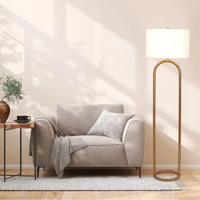 Vivid Brass Ring Base Floor Lamp with Large White Drum Shade, Antique Brass+White