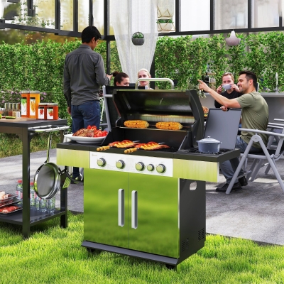 Outsunny 4+1 Burner Liquid Propane Gas Grill Outdoor Portable BBQ with Side Burner, Warming Rack, Side Shelf, Storage Cabinet, Thermometer, 4 Wheels, Tank Holder, Silver