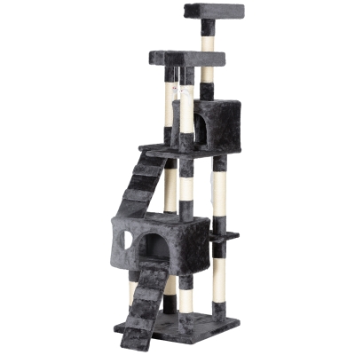 PawHut 68" Multi-Level Cat Scratching Tree with 3 Perches & 2 Condos, 4 Tier Kitty Activity Center with Ladders & Dangling Toys, Grey