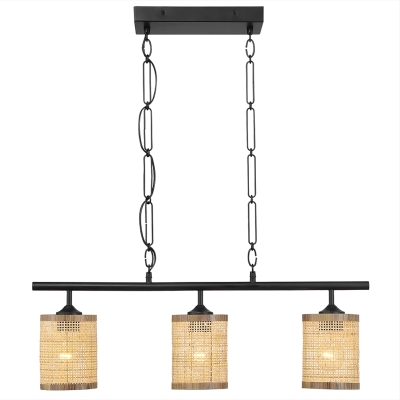 Three-Light Island Ceiling Lamp with Rattan Shade, Black