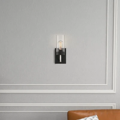Zephyr Single Light Sconce with Clear Glass, Black+Clear
