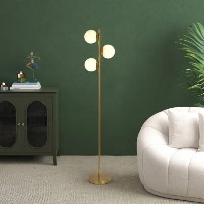 Brilliance Modern Gold Brush Floor Lamp with Opal Glass Shades, Clear+Gold