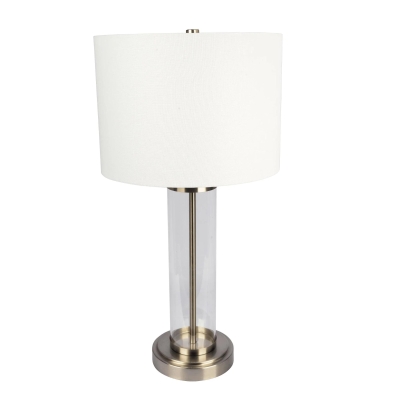 Luna Brushed Nickel Table Lamp with Clear Glass Body, Silver+White