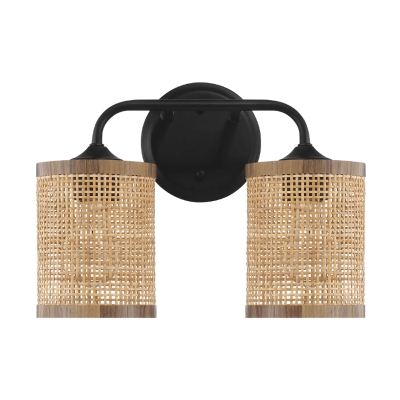 Double Light Vanity Wall Lamp with Natural Rattan Shade, Black