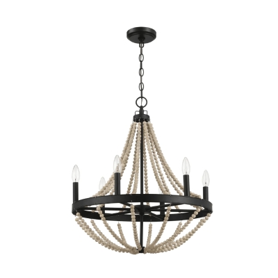 Starry Wood Chandelier with Farmhouse Six Candle Light Pendant, Black+Clear