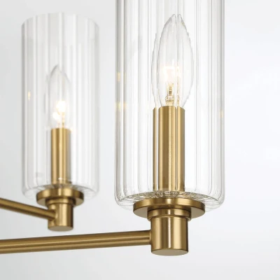 Timeless Six-Light Chandelier with Clear Ribbed Glass, Antique Brass+Clear
