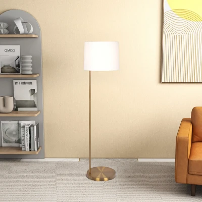 Zenith Offset Brass Base Floor Lamp with Drum-Shaped Linen Shade, Gold+White