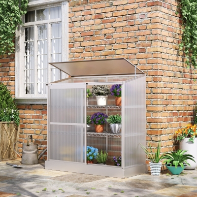 Outsunny Aluminum Cold Frame Greenhouse, Raised Planter Bed Protection with Openable Top and 2 Shelves for Outdoor Indoor