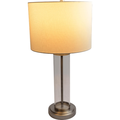 Luna Brushed Nickel Table Lamp with Clear Glass Body, Silver+White