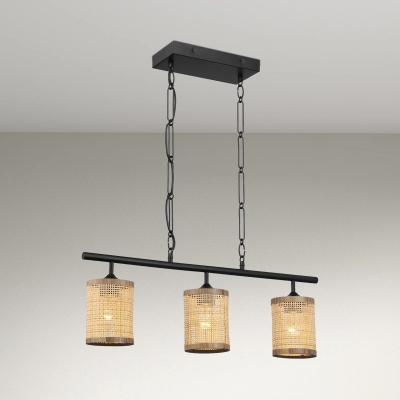 Three-Light Island Ceiling Lamp with Rattan Shade, Black