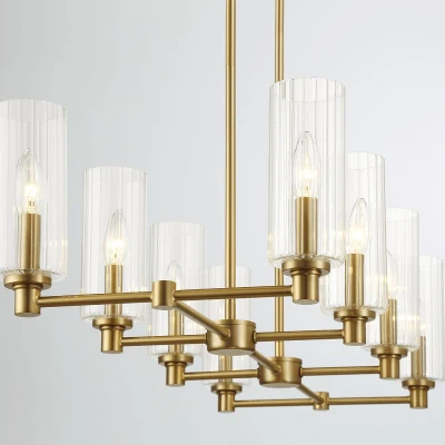 Willow 8-Light Island Pendant Lamp with Clear Ribbed Glass, Antique Brass+Clear