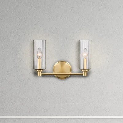 Regal Double Light Vanity with Clear Ribbed Glass, Antique Brass+Clear