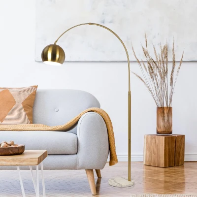 Oasis Long Arm Adjustable Floor Lamp with Round Marble Base, Gold+White