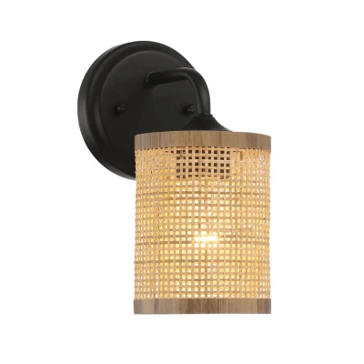Reef Single Light Wall Sconce with Natural Rattan Shade, Black+Rattan