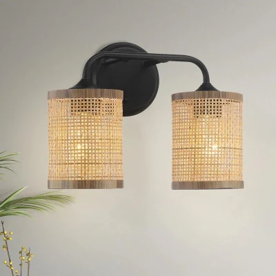 Double Light Vanity Wall Lamp with Natural Rattan Shade, Black