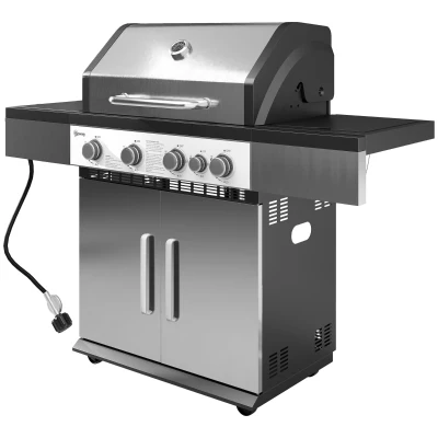 Outsunny 4+1 Burner Liquid Propane Gas Grill Outdoor Portable BBQ with Side Burner, Warming Rack, Side Shelf, Storage Cabinet, Thermometer, 4 Wheels, Tank Holder, Silver
