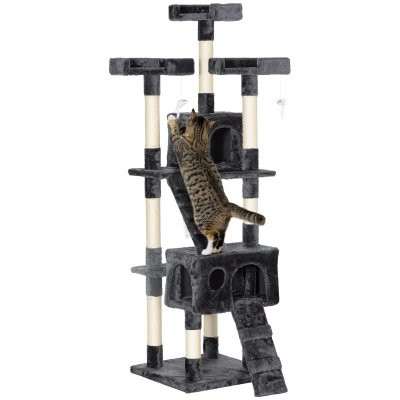 PawHut 68-inch Multi-Level Cat Scratching Tree Kitty Activity Center Post Tower Condo Pet Furniture w/ Toy Grey