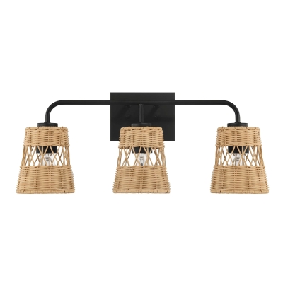 Stylish Three-Light Wall Sconce with Rattan Shade, Black