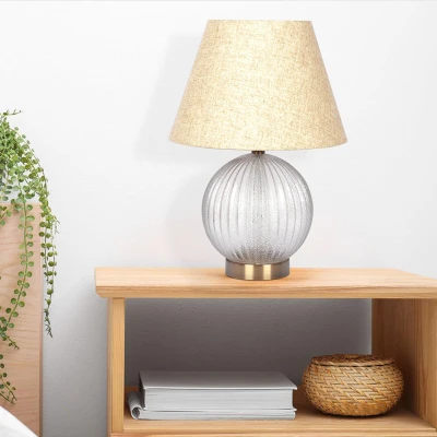 Round Ribbed Glass Table Lamp with Large Linen Shade, Clear+Natural