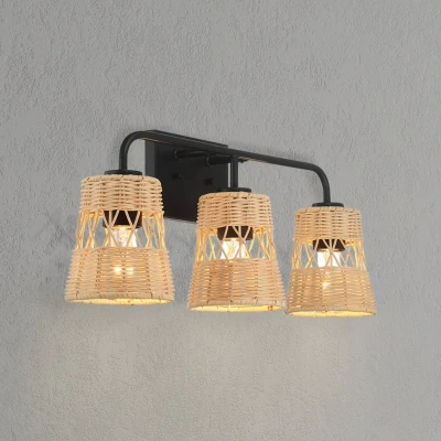 Stylish Three-Light Wall Sconce with Rattan Shade, Black