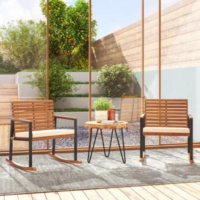 Outsunny Acacia Wood Outdoor Rocking Chair Set with Cushion, Cream White