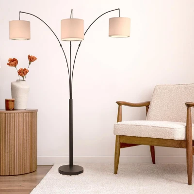 Royal 3-Arm Metal Arc Floor Lamp with Linen Shade, Bronze