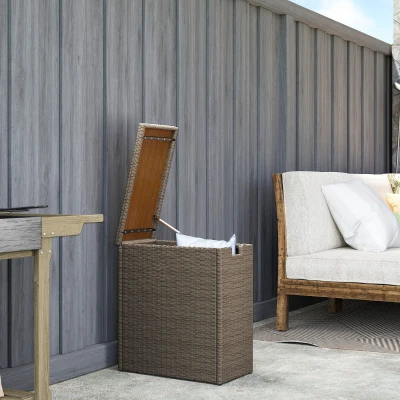 Outsunny 17-Gallon Wicker Outdoor Storage Box with Wood Top, Teak