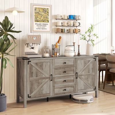 HOMCOM 59" Buffet Cabinet, Farmhouse Sideboard with Thick Top, 2 Barn Doors, 4 Drawers and 2 Adjustable Shelves, Grey