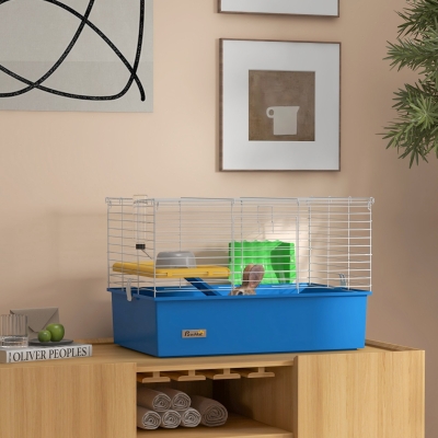 PawHut 18.5" Small Animal Cage with Water Bottle, Food Dish, Platform, Ramp, Blue